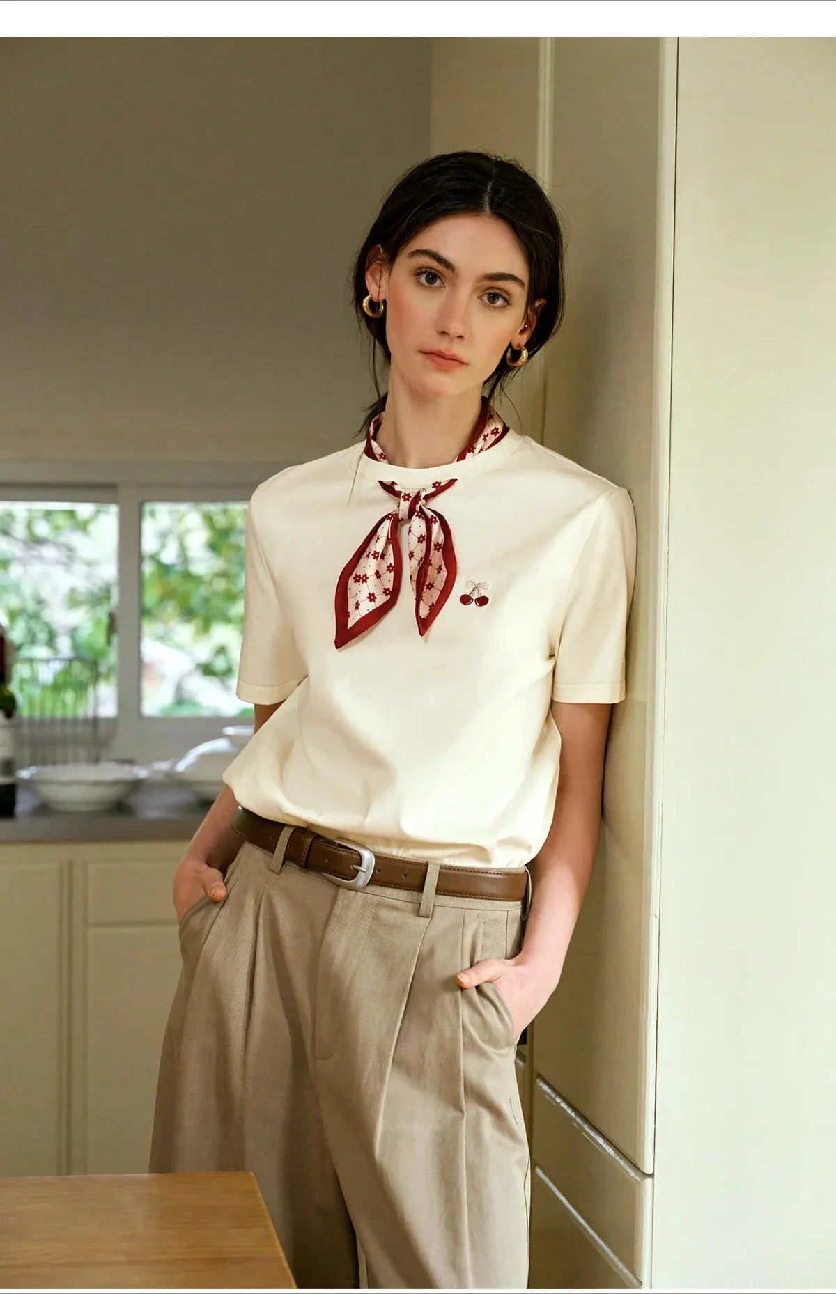 Women T-Shirt 2026 New Summer Neckline Hollow Tops French Style Silk Scarf with Embroidered Short-sleeved Tees O57XT96396