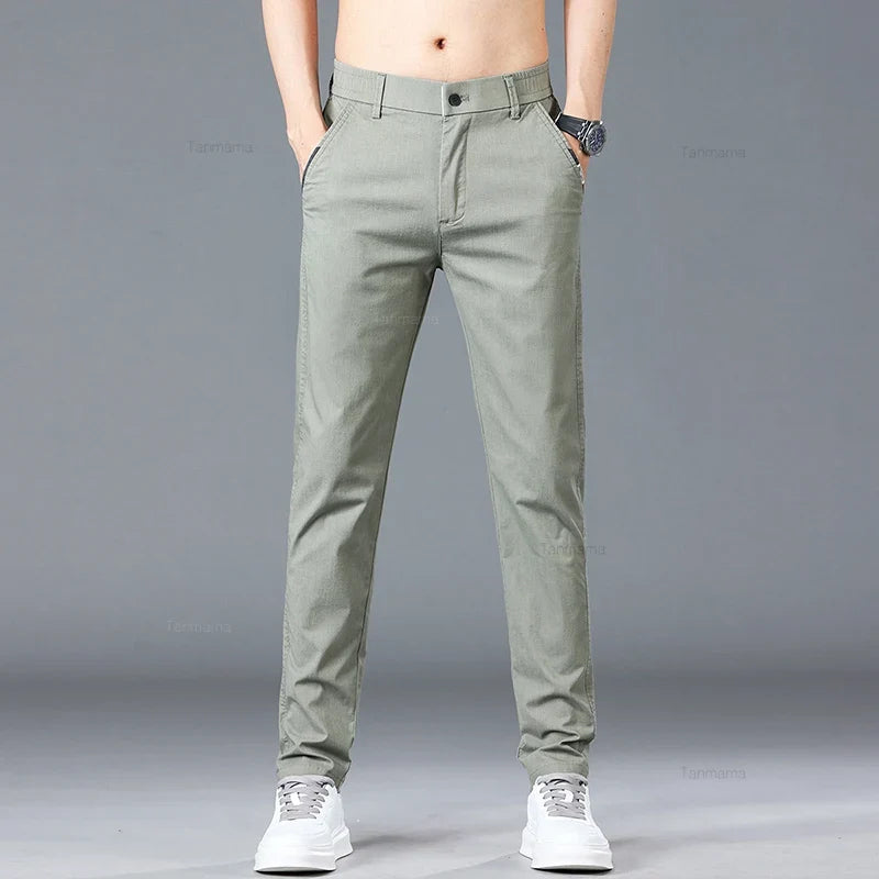 Spring Summer Men's Casual Pants Korean Fashion Cotton Thin Soft Elastic Slim Business Trousers Black Green Khaki