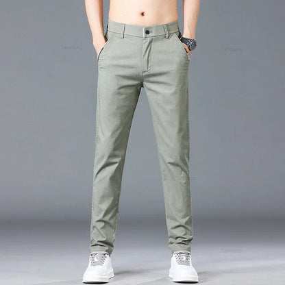 Spring Summer Men's Casual Pants Korean Fashion Cotton Thin Soft Elastic Slim Business Trousers Black Green Khaki