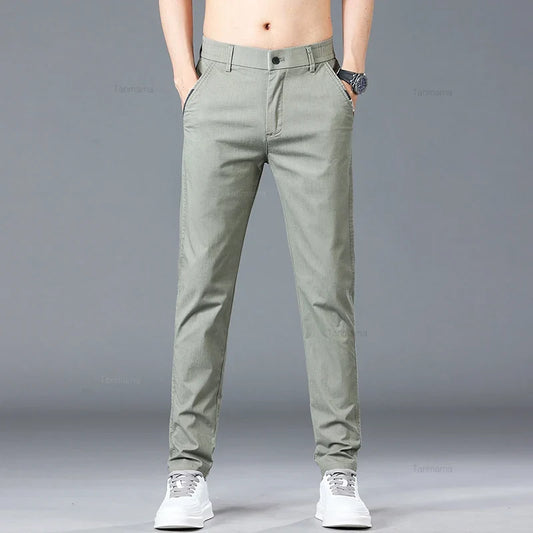 Spring Summer Men's Casual Pants Korean Fashion Cotton Thin Soft Elastic Slim Business Trousers Black Green Khaki