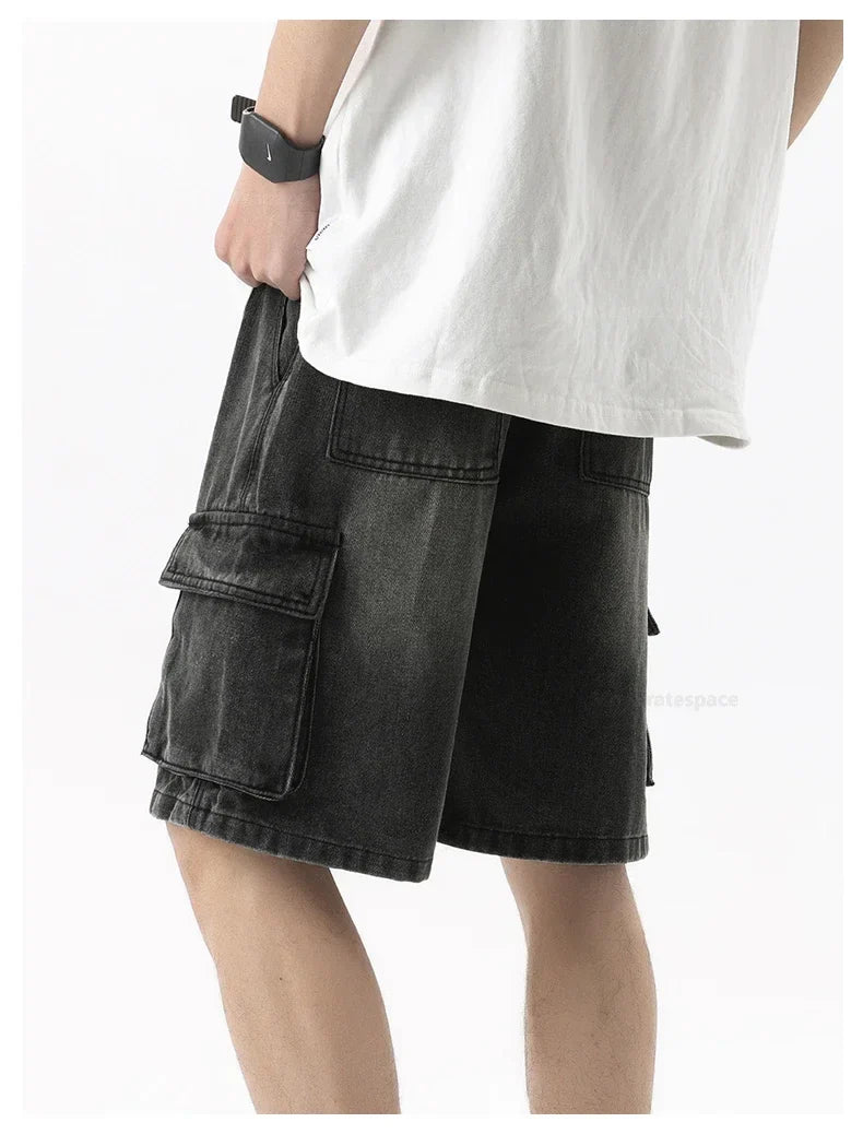 Summer Retro Fashion Denim Shorts for Men Loose Straight Leg Multi-pocket Short Jeans With Elastic Waist and Drawstring Male