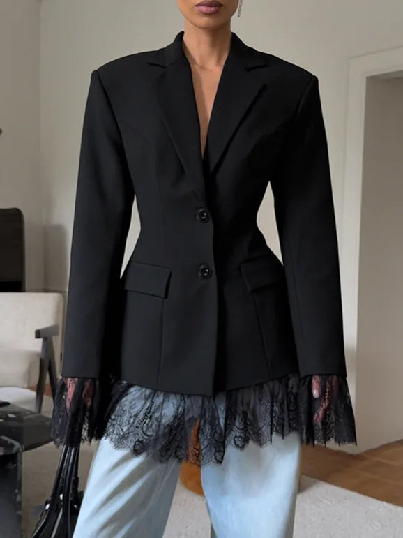 Elegant Lace Blazer Coat Women Fashion Office Lady Full Sleeve Single Breasted Jackets 2025 New Autumn Black Casual Slim Coats