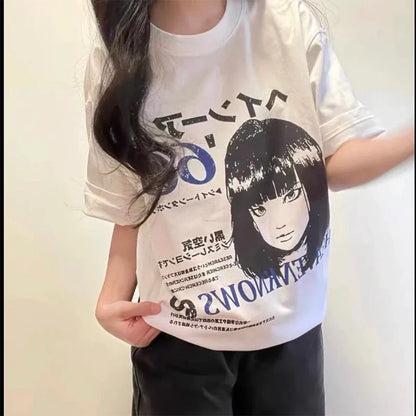 Japanese Anime Comic Print Cotton Oversized T-shirt Harajuku Summer Streetwear Loose Fashion Short Sleeve Top for Women Ins