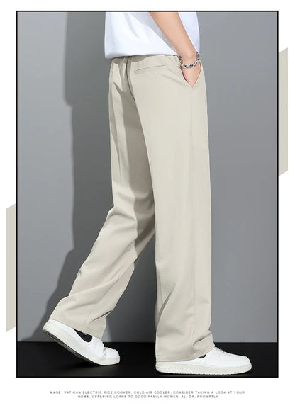 Men's 2026 Summer Korean Style Loose Straight Leg Draping Lightweight Casual Pants Slacks Khaki Dark Gray Black Trousers Male