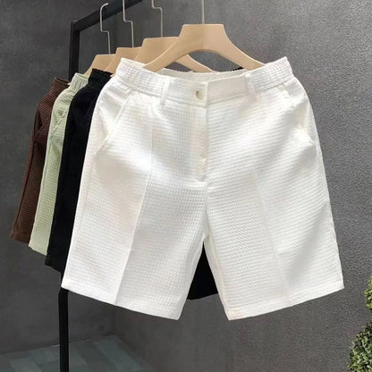 Men's Shorts Plaid Texture Solid Straight-leg Business Social Elastic Waist Button Short Pants Loose Knee Length Casual Short