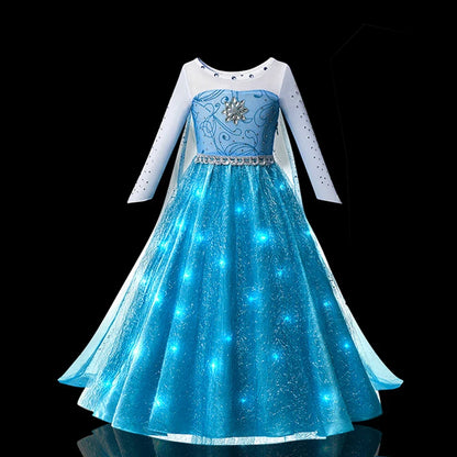Kids Copslay Elsa LED Light Up Costume Girls Birthday Party Role Playing Princess Dress with Cape Fancy Carnival Halloween Dress
