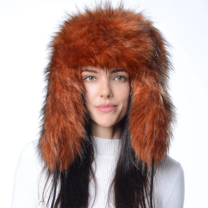 Plush Raccoon Fur Hat Women Thicken Faux Fur Earflap Hat Winter Warm Russian Ushanka Hats Windproof Furry Bomber Cap