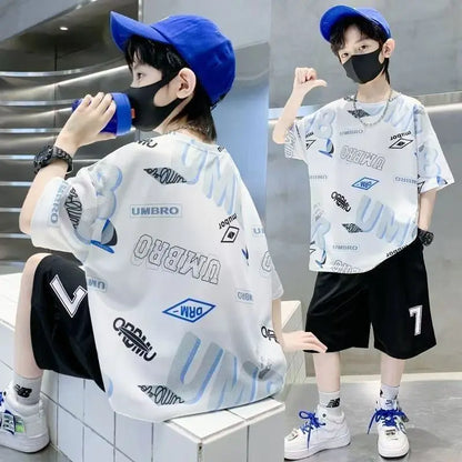 Summer Boys Alphabet Quick-dry T-Shirt Top+Shorts Pant Sportswear Set School Kids 2PCS Tracksuit Children Jersey Outfit 5-16 Yr