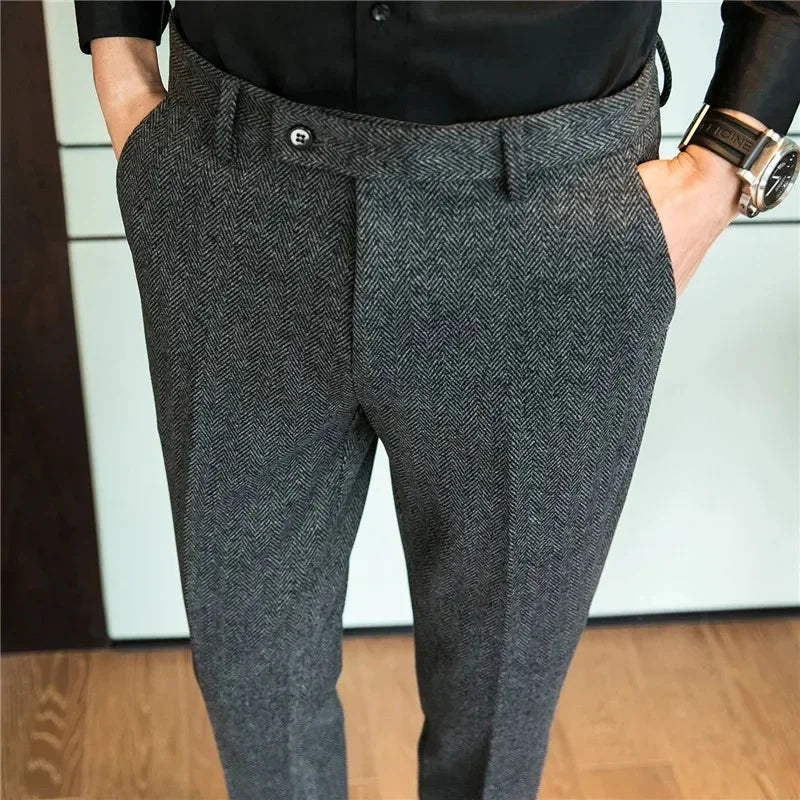 Autumn Winter Man Elastic Pants Herringbone Straight Leg Trousers Knitted Business Casual Banquet Men's Suit Pants