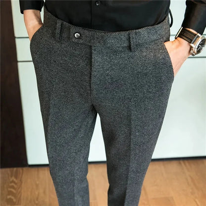 Autumn Winter Man Elastic Pants Herringbone Straight Leg Trousers Knitted Business Casual Banquet Men's Suit Pants