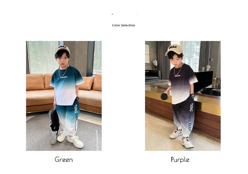 Summer Boys Gradient Contrast Alphabet t-Shirt Tops+Pant Workout Sets School Kids 2PCS Tracksuit Children Jogger Outfits 5-16 Yr