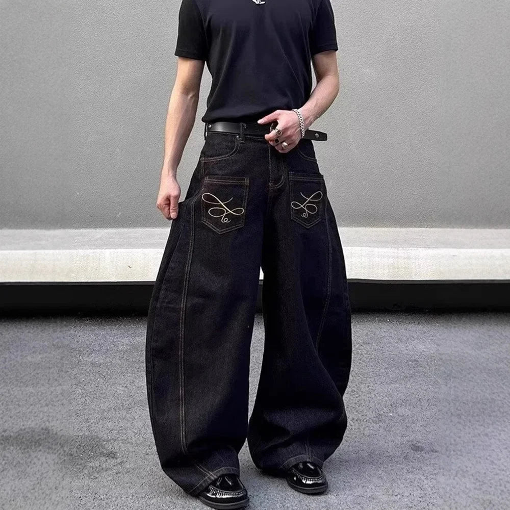 2025 Summer New Men's Y2k Pocket Decoration Jeans Harajuku Retro Fashion Trend Street Hip-Hop Casual Loose Niche Men's Bottoms