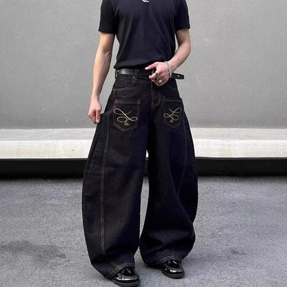2025 Summer New Men's Y2k Pocket Decoration Jeans Harajuku Retro Fashion Trend Street Hip-Hop Casual Loose Niche Men's Bottoms