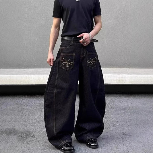 2025 Summer New Men's Y2k Pocket Decoration Jeans Harajuku Retro Fashion Trend Street Hip-Hop Casual Loose Niche Men's Bottoms