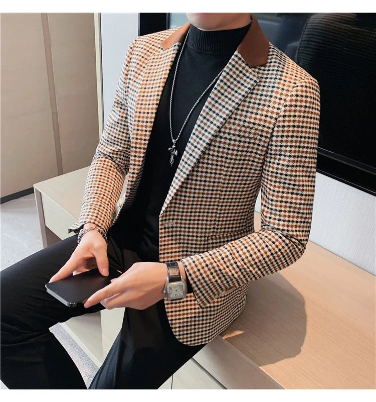 2024 Autumn Winter Korean  Houndstooth Blazer Jackets Fashion Color Matching Lapel Design Casual Men's Plaid Suit Coat Tuxedo