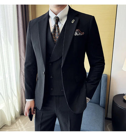 Luxury Stripe Men Suit Korean Version Fashion Elegant Slim Fit Tuxedo Formal Groom Wedding Social Suits
