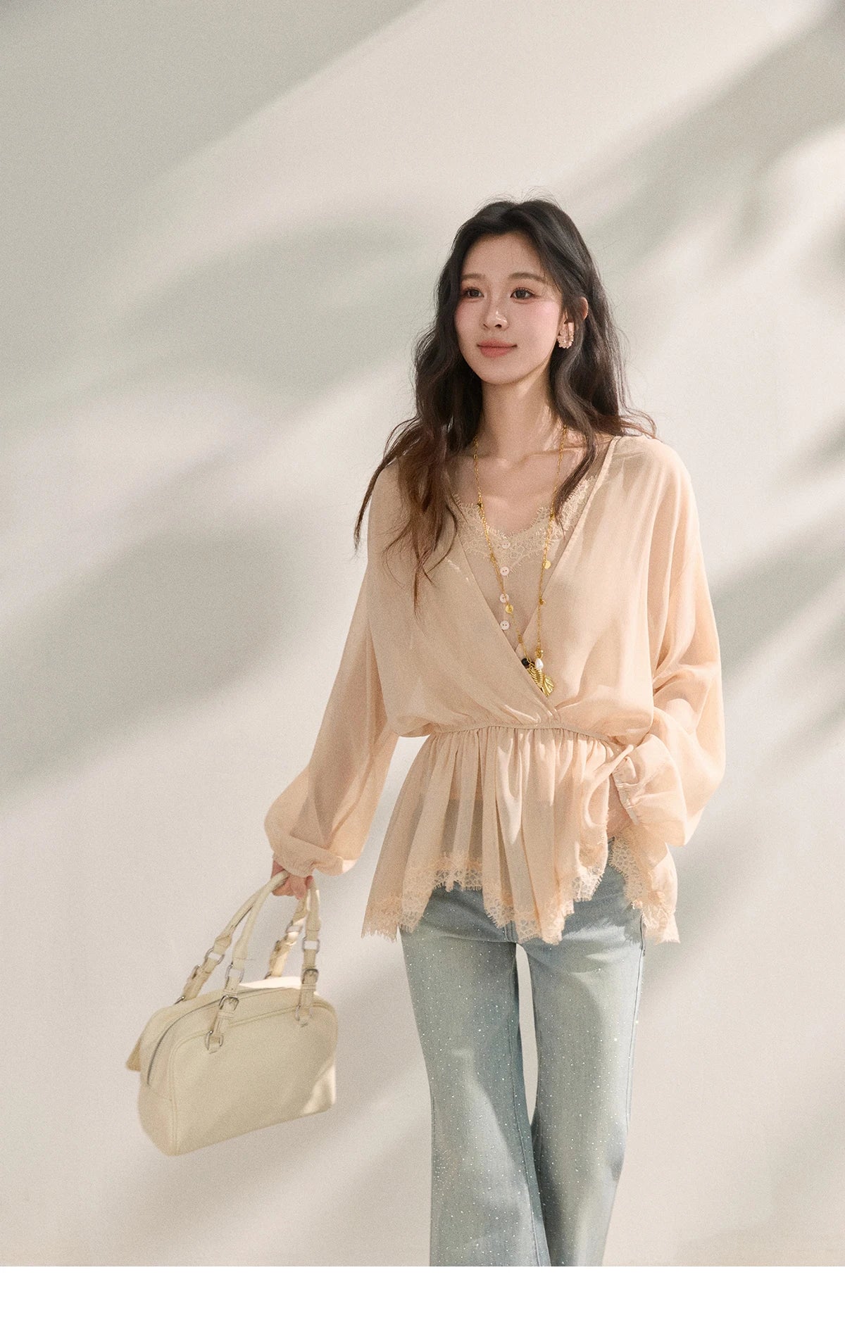 Women's French Style Beige Sheer Chiffon Blouse V Neck Lace Trim Elastic Waist Peplum Top For Spring Summer MXF16T1588