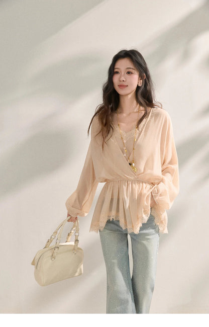 Women's French Style Beige Sheer Chiffon Blouse V Neck Lace Trim Elastic Waist Peplum Top For Spring Summer MXF16T1588