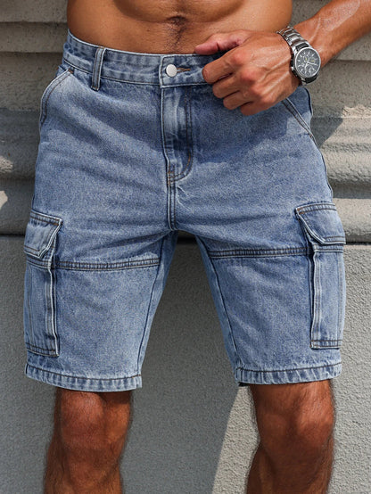 Men's Summer Blue Regular Denim Shorts. Multi-Pocket Design. Stylish and Casual.