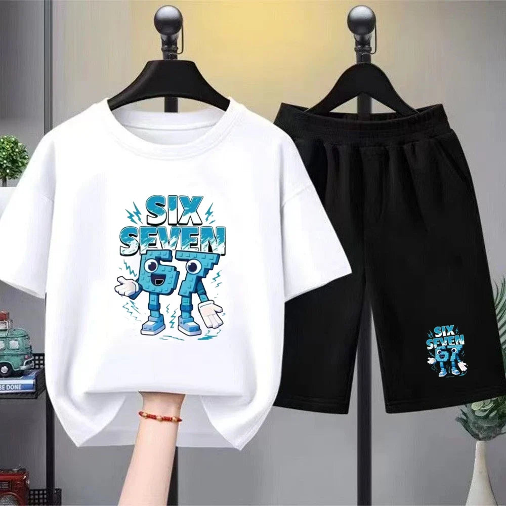 67 Children T-shirt 3-12Yrs Summer Six Seven Print Short-sleeved Cute Funny Fashion Boys Girls Toddler Top+Shorts 2PCasual Set