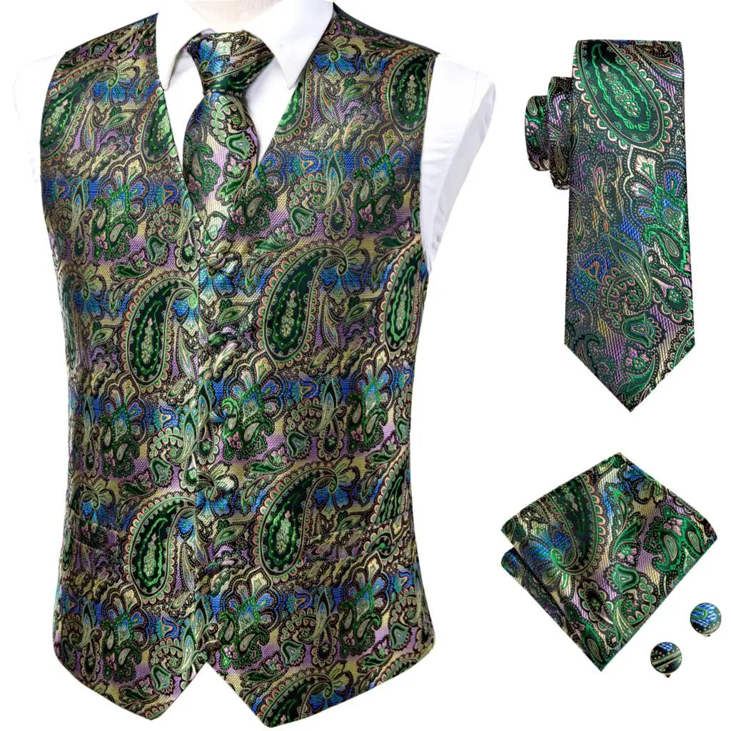 Luxury Men Silk Vest Gold Black Blue Red Green Purple Floral Waistcoat Tie Hanky Cufflinks Brooch Wedding Formal Business