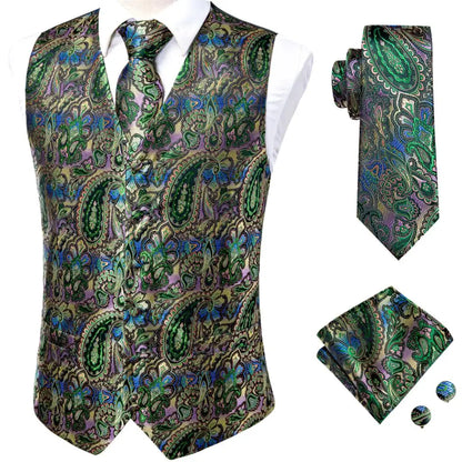 Luxury Men Silk Vest Gold Black Blue Red Green Purple Floral Waistcoat Tie Hanky Cufflinks Brooch Wedding Formal Business