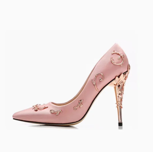 Elegant Silk Women Pumps 10CM High Heels Metal Flower Dec Wedding Shoes Pointed Toe High Heel Shoes Ladies Party Pumps Black