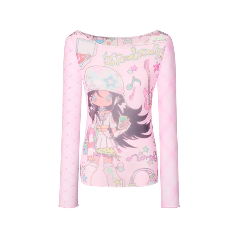 Karrram Japanese Y2k Anime Print Mesh Tops 2000s Aesthetics Pink Sheer Top Vintage Harajuku Kawaii See Through T-shirt Lolita