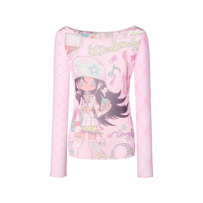 Karrram Japanese Y2k Anime Print Mesh Tops 2000s Aesthetics Pink Sheer Top Vintage Harajuku Kawaii See Through T-shirt Lolita