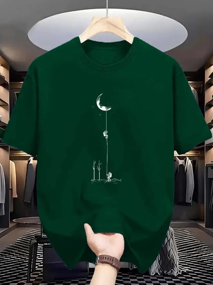 Summer Men's 100% Pure Cotton Casual Loose Fit Plus Size Moon Landing Pattern Printed Round Neck Short Sleeved T-shirt Top