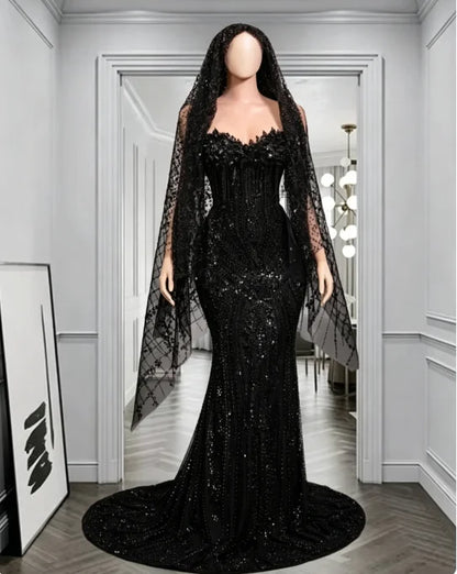Red Rhinestone Matching Cape Veil Women Mermaid Prom Dress Formal Wedding Eveing Party Gown Customized