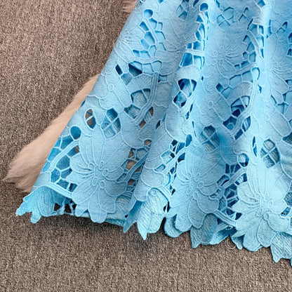 Ele Summer Lace round Ne Dr Women's High Waist Slimming Long Skirt Korean Sle Commute High Softn Regular Sve