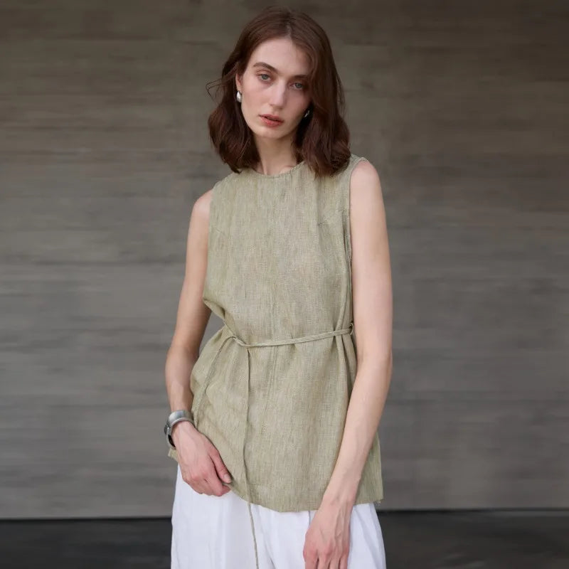 100% Linen Mid-Length Round Neck Women's Tank Top American Vintage Ladies Top Mujer Summer Lace-up Loose Sleeveless Tops