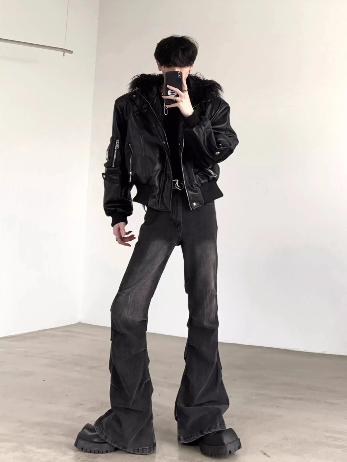 Spring Autumn Cool Short Oversized Black Warm Pu Leather Jacket Men with Faux Fur Trim Hood Luxury Designer Clothes