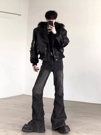 Spring Autumn Cool Short Oversized Black Warm Pu Leather Jacket Men with Faux Fur Trim Hood Luxury Designer Clothes