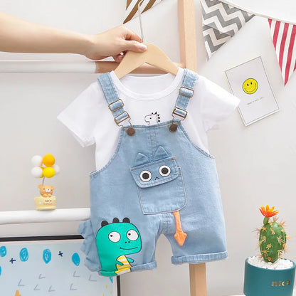 Summer Baby Boys Clothes Suit Toddler Kids Jumpsuit Boys Suspender Denim Shorts&Tshirt 2 pcs Sets Children Clothes Elastic Jeans