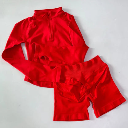 No Logo 2pcs Long Sleeve Yoga Set Women Half Zippy Jacket Longline Sports Top Gym Shorts Fitness Suits Running Coats Workout Set