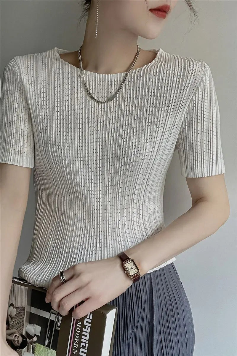 Miyake Pleated Short Sleeve Women's 2023 Summer New Thin Stretch Crew Neck All-Matching Slim Fit Pleated Hollow T-shirt Women