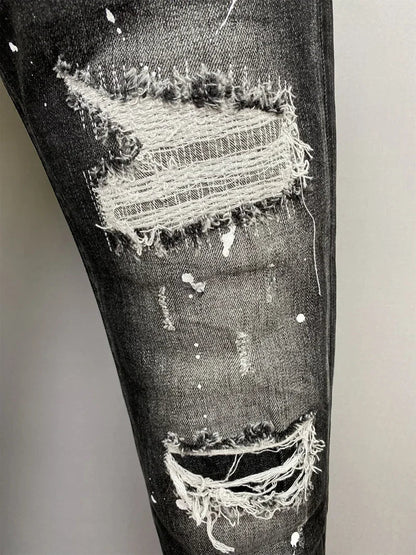 Men Jeans Denim Pants Hole Slim Pencil Trousers Metal Buttons Party Classics Fashionable Black DSQ2 JENAS