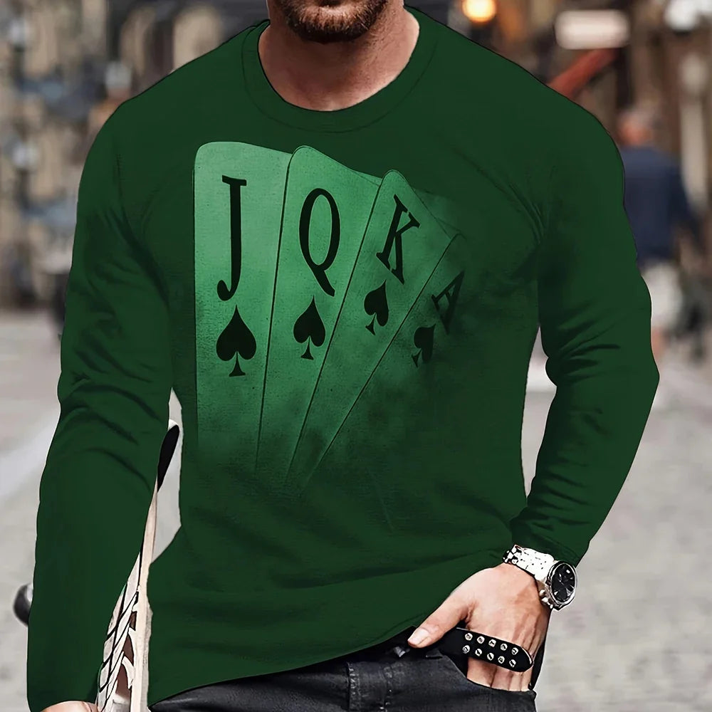 Summer Men's T-Shirt Big Size Loose Retro Short Sleeve Fashion American Poker Letter Print O Neck Long Sleeve Autumn Shirt