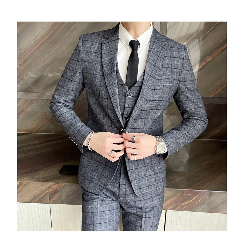 Men's High-Quality Cotton Texture Wedding Suit Set - Plaid Pattern Business Casual Three-Piece Vest Trousers Ensemble