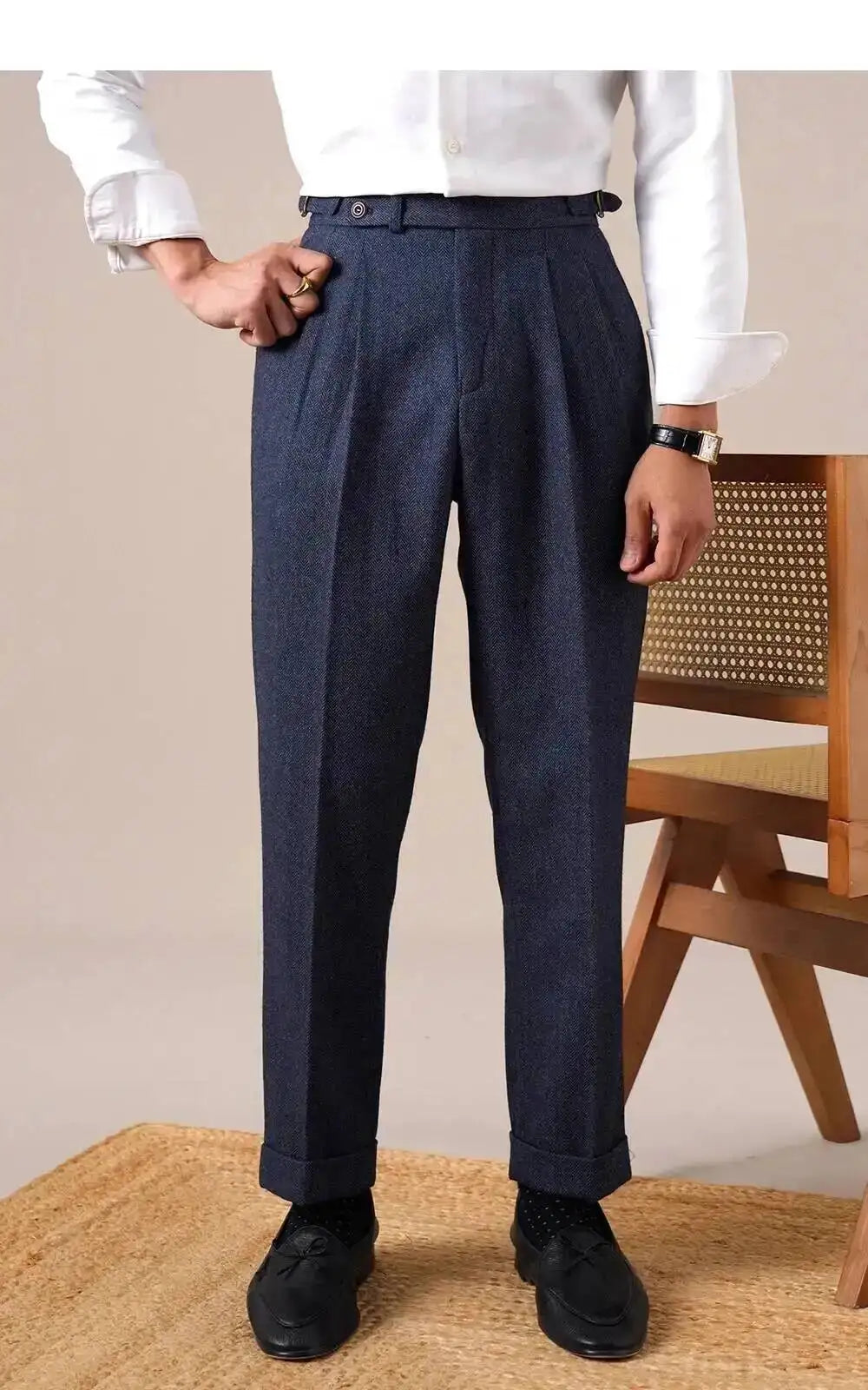Autumn Herringbone Dress Pants For Men Naples Men's Wool Blend High Waist Social Casual Versatile Long Pants Office Trousers Men