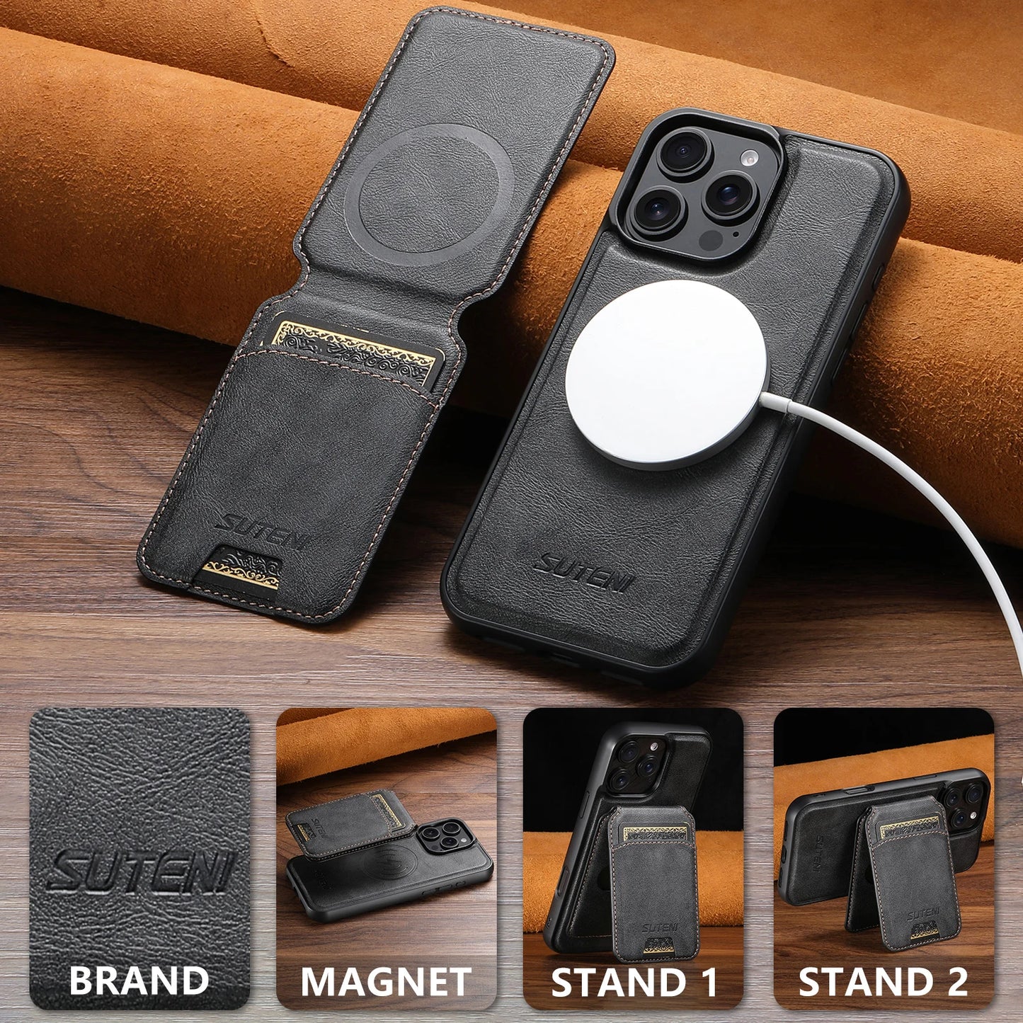 Wireless Charging Magnet PU Leather Phone Case Card Holder Stand For iPhone 17 Pro Max 16 Plus 15 Pro 13 12