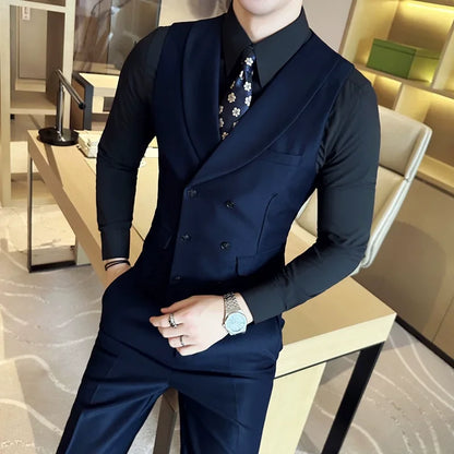 Men Luxury Double Breasted Design Solid Vest Formal Groom Wedding Dress Suit Vest Set Fashion Mens Club Singer Clothing 6XL-M