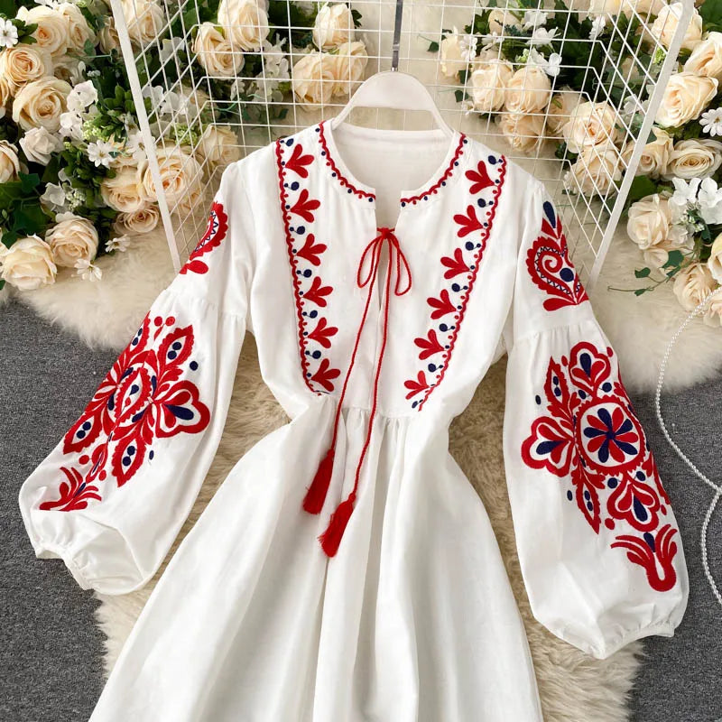 n Sle Embroidered Flower Long Sve Loose Fit Lantern Sve Gathered Slimming A-Line Dr Women's round Ne Dr