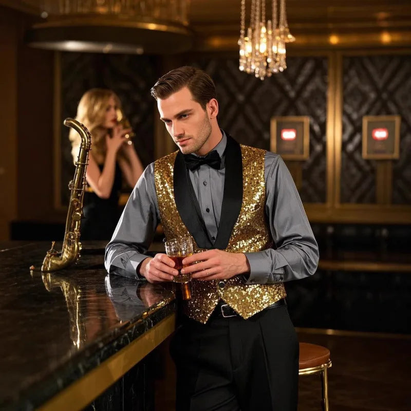 Men's Gold Sleeveless Blazer, Round Sequin-embellished Blazer Jacket, Perfect for Weddings, Parties, DJ Events, and Nightclubs.
