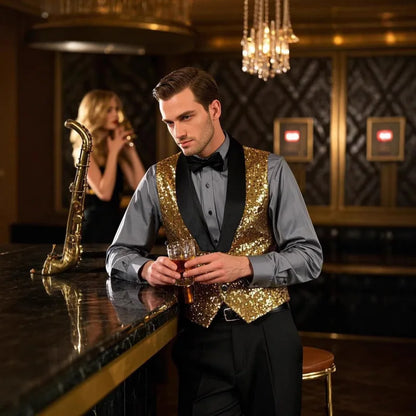 Men's Gold Sleeveless Blazer, Round Sequin-embellished Blazer Jacket, Perfect for Weddings, Parties, DJ Events, and Nightclubs.