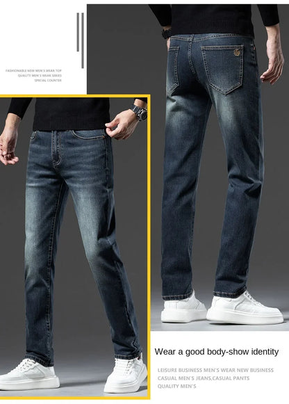 2025 New High-end High-quality Denim Double-core Cotton Elastic Jeans Retro Nostalgic Men's Straight-fit Trousers