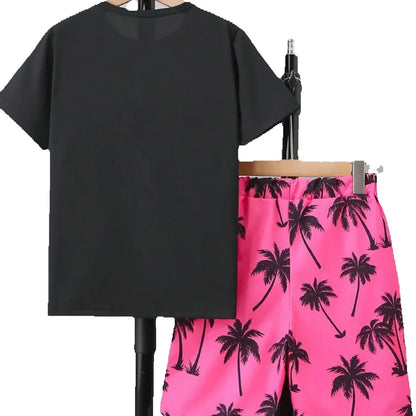 Boys' Coconut Tree Pattern 2-piece Color Contrasting Set, T-shirt and Shorts Set, Suitable for Daily Travel