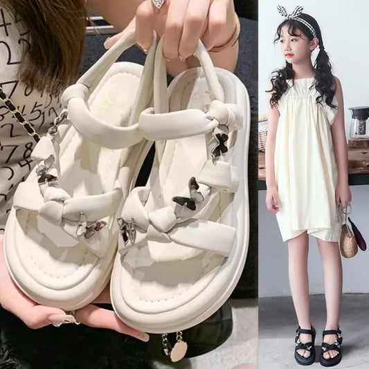 New Arrival Kids Sandals Children's Design Hollow-out Casual Sandals Soft Flat Strappy Sandals Girls Cute Bowknot Beach Shoes